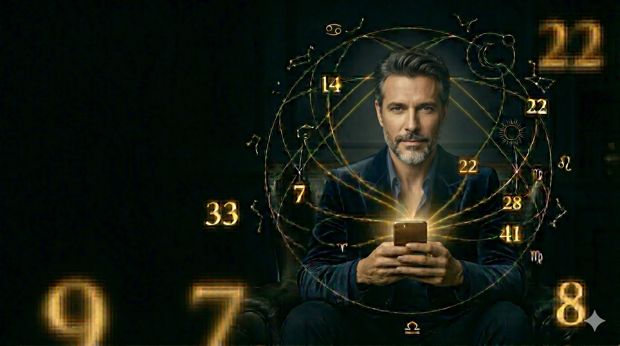 Homem caucasiano de meia-idade com barba grisalha sentado em poltrona, segurando celular do qual saem linhas douradas conectando números e símbolos zodiacais.